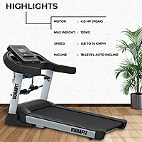 Durafit Surge Multifunction | 4 HP Peak DC Motorized Foldable Treadmill| Auto Incline | Home Cardio | Max Speed 14 Km/Hr | Max User Weight 120 Kg | Free Installation Assistance | LCD Display